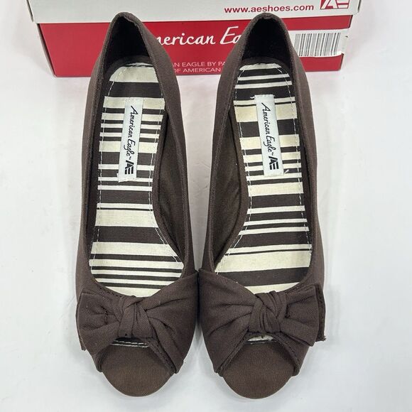 American Eagle Brown Fabric Peep Toe Cork Wedge Heel Shoes 8.5 Bow Classic - Picture 10 of 11